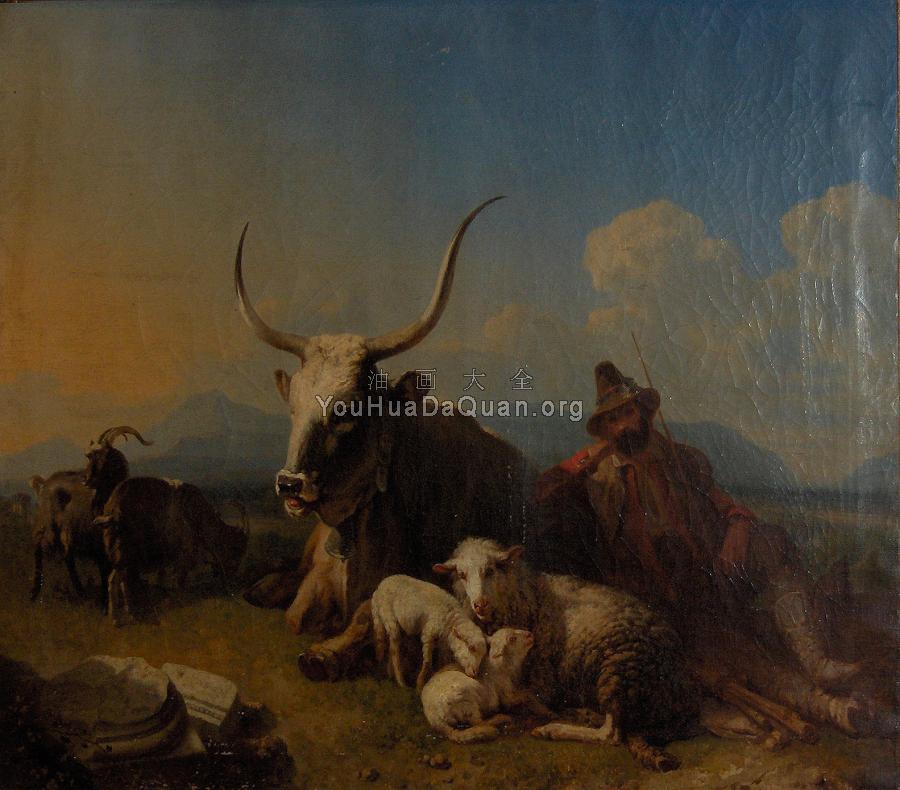 Shepherd with animals in the countryside - 尤金·约瑟夫·维保盖文